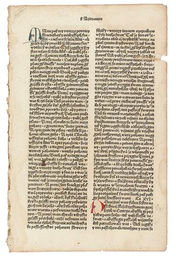 INCUNABULA  BIBLE IN CZECH.  Single leaf from the first edition of the Bible in Czech, with text of Romans 15:1-1 Corinthians 1:9. 1488